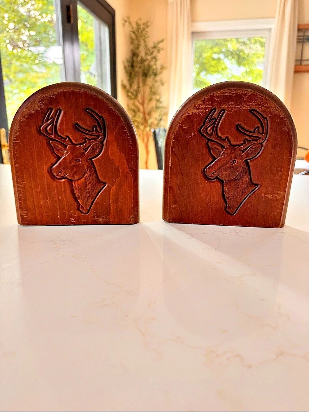 Vtg wooden carved deer book ends
